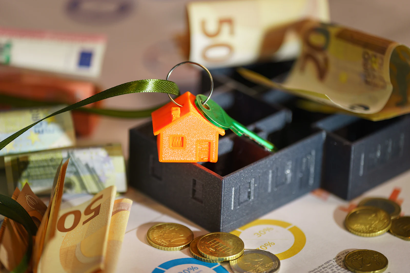 Clé de maison posée sur des billets et des pièces